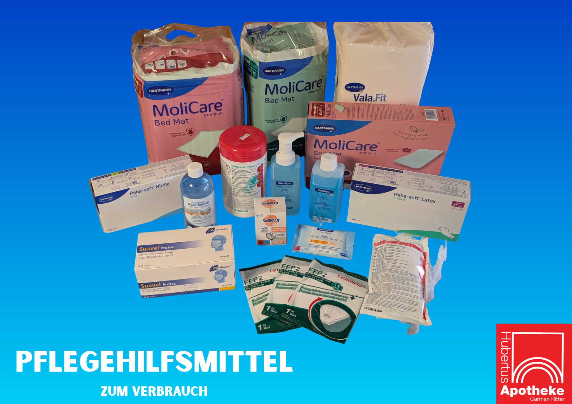 Auf dem Foto befinden sich Bettschutzeinlagen Einmalgebrauch und wiederverwendbar, Schutzschürzen Einmalgebrauch, Einmalhandschuhe Latex, Einmalhandschuhe Nitril, Flächendesinfektionstücher, Händedesindektionstücher, medizinische Gesichtsmasken, partikelfiltrierende Halbmasken, Händedesinfektionsmittel und Flächendesinfektionsmittel.