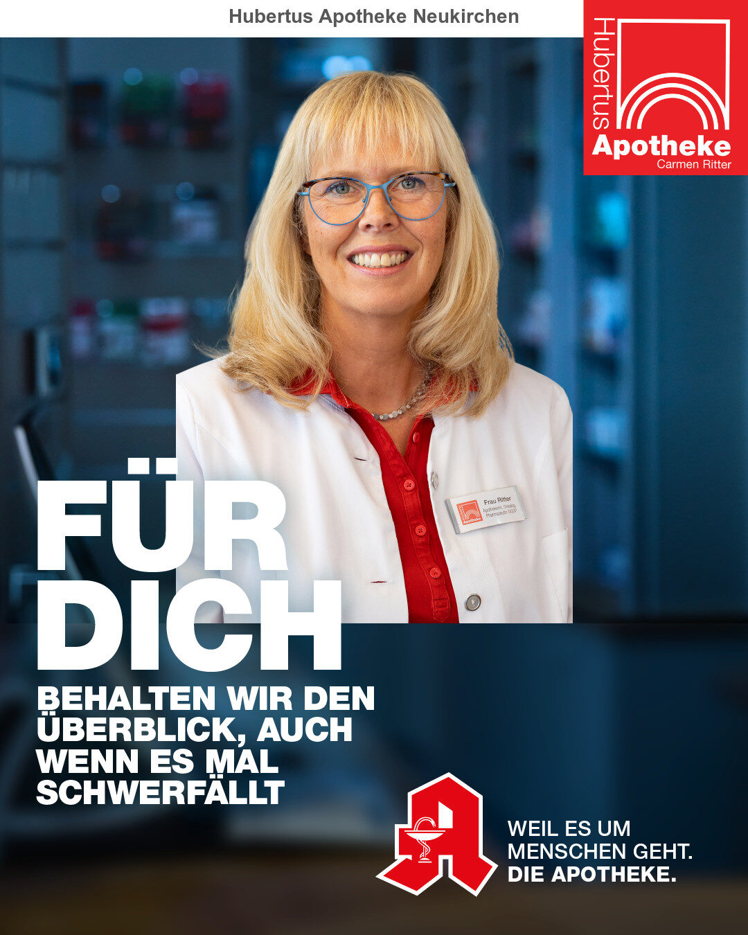 Das Bild zeigt die Inhaberin Carmen Ritter mit dem Spruch "Für Dich behalten wir den Überblick, auch wenn es mal schwerfällt"